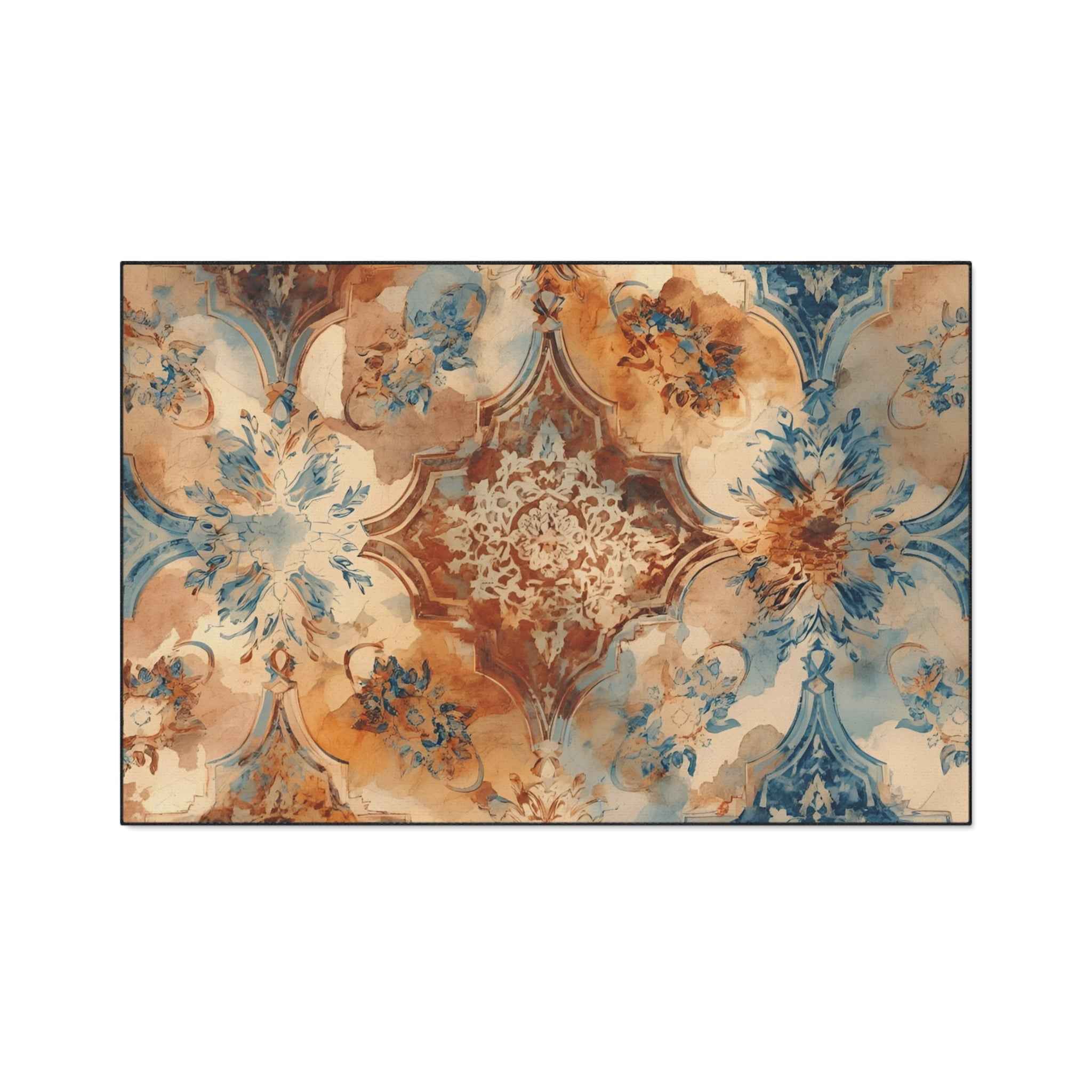 Vintage Floral Heavy-Duty Floor Mat — Ornate Blue & Rust Entry Rug